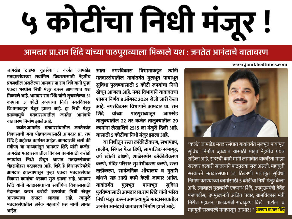 5 crore fund approved for Karjat Jamkhed - MLA Prof. Ram Shinde